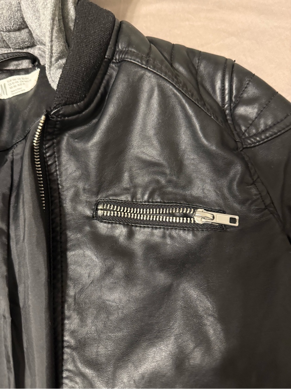 H&M Black Faux-Leather Bomber Jacket with Gray Hood - Picture 7 of 9